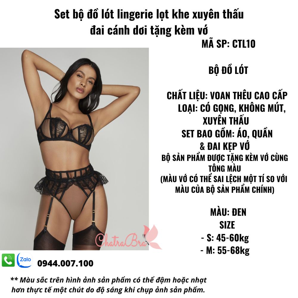 Set bộ đồ lót lingerie lọt khe xuyên thấu đai cánh dơi tặng kèm vớ