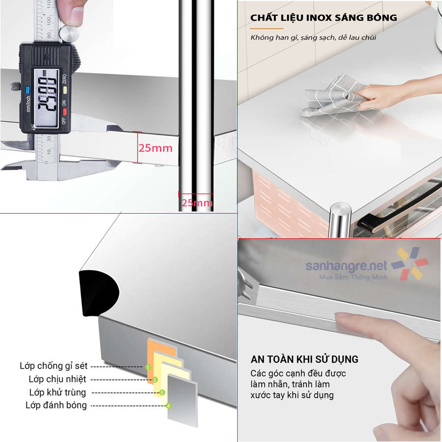 KỆ INOX Nhà Bếp Để Đồ Đa Năng 3 Tầng 4 Tầng 5 Tầng Thông Minh Kalpen,KIN