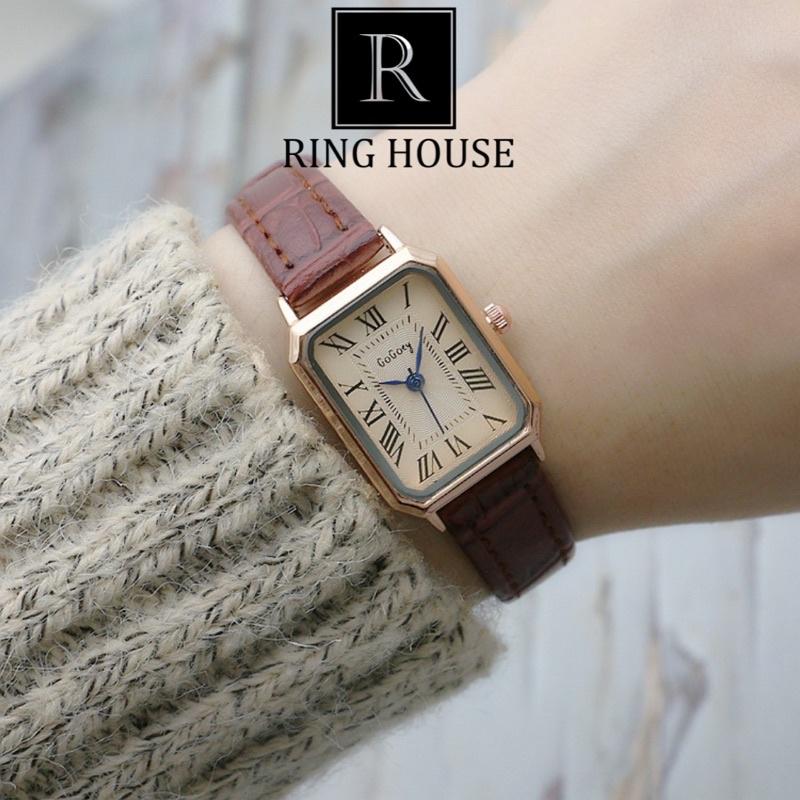 Đồng Hồ Nữ Chính Hãng GoGoey Ulzzang Mặt Vuông Nhỏ Dây Da Nhiều Màu Cao Cấp Mặt Số La Mã Ring House