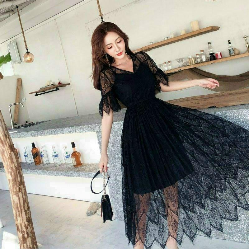 ĐẦM XÒE REN CỔ V TAY LỞ