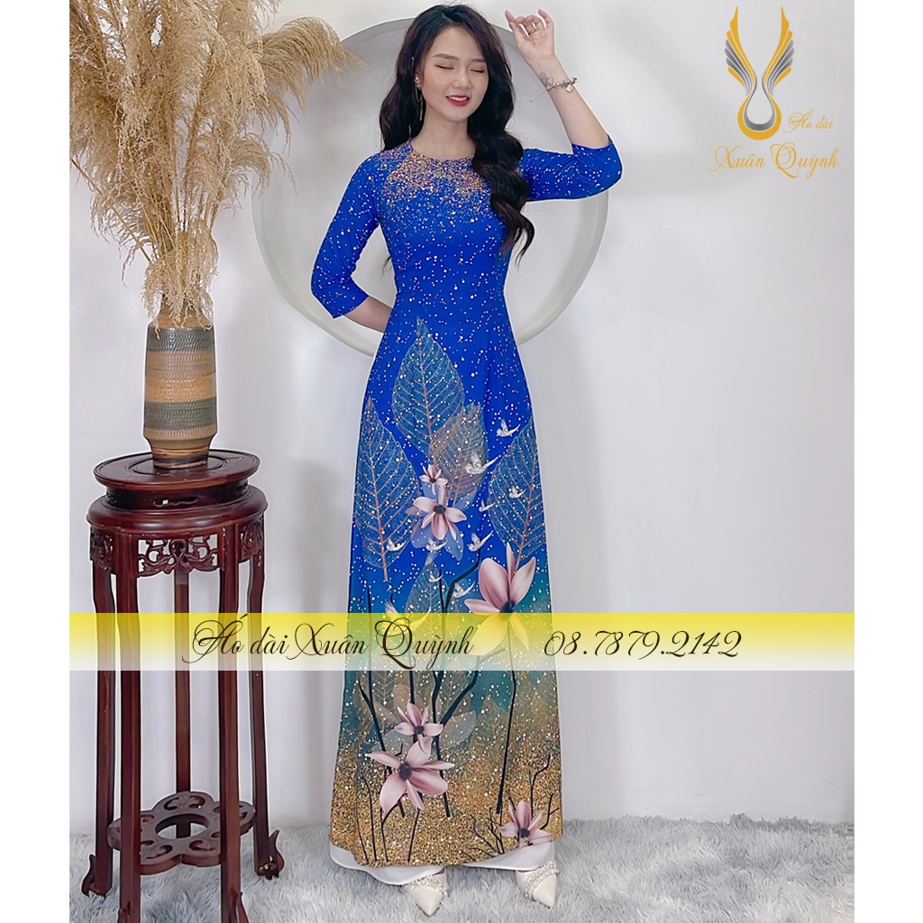Áo Dài Truyền Thống Hoa Phối Chấm Bi Sang Trọng, Thanh Lịch Lụa Habutai Cao Cấp K66