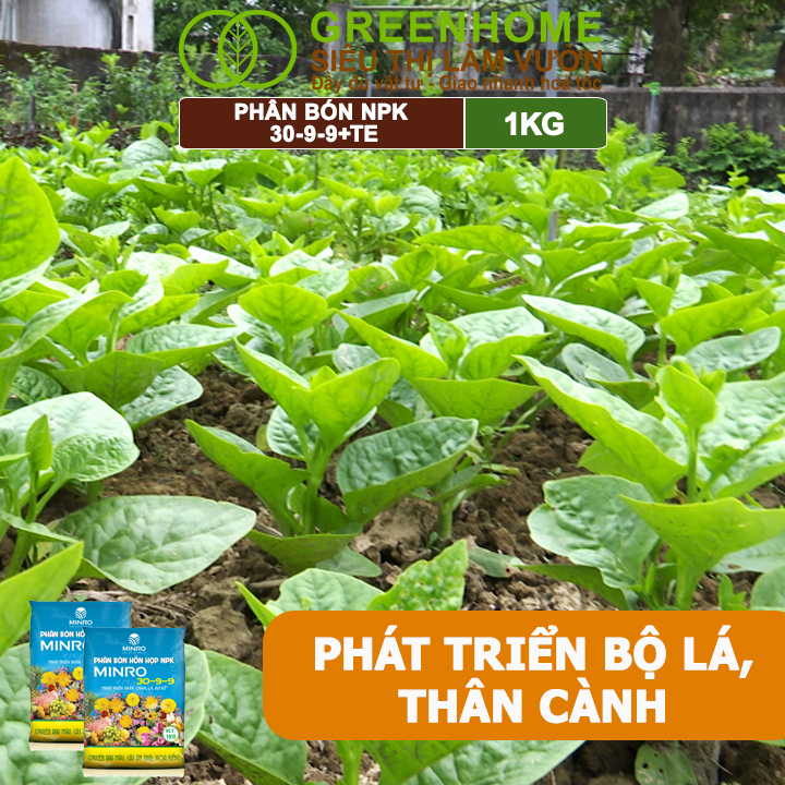 Phân NPK 30-9-9 +TE Greenhome, Minro, Bao 1Kg, Phát Triển Nhanh Thân, Cành, Lá, Bộ Rễ