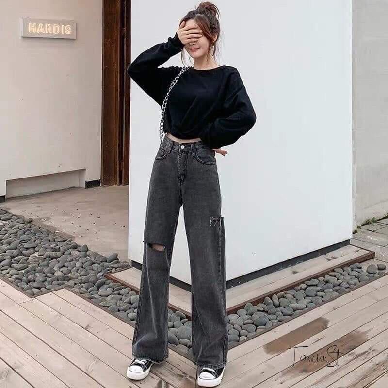 Quần Jeans Nữ Ống Rộng Rách Lưng Cao Màu Xám Khói, Quần Bò Ống Rộng Rách Hông và Đùi Siêu Hot 00.1