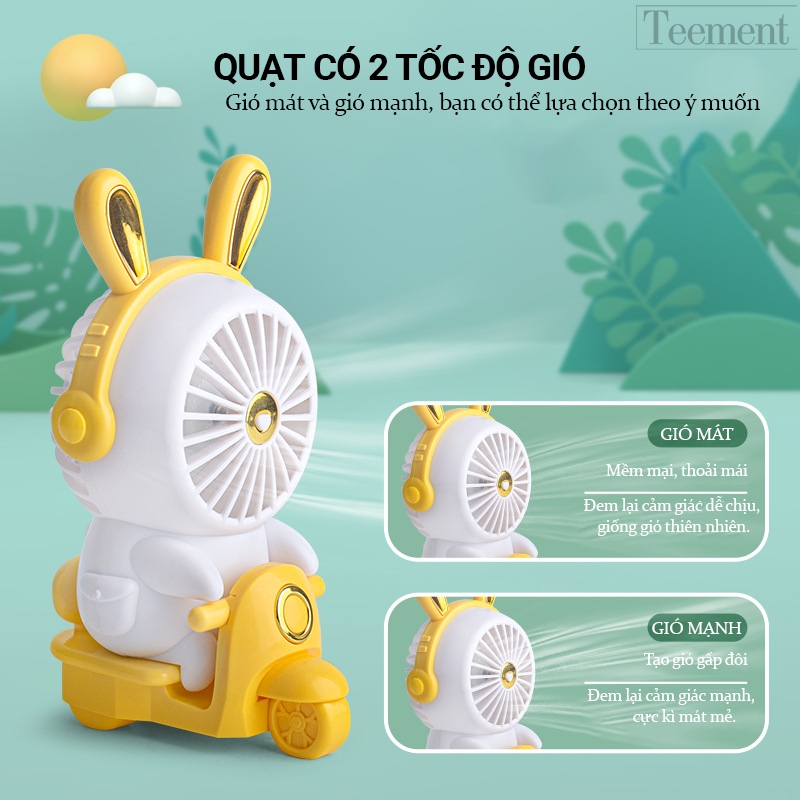 Quạt Cầm Tay Mini, Quạt Sạc Tích Điện Thỏ Lái Xe Xinh Xắn Teement, Có 2 Tốc Độ Gió , Dễ Thương Tránh Nóng Mùa Hè Cực Êm - Hàng Chính Hãng