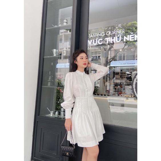 Đầm tay dài dập ly eo cài nút màu xanh bơ dạo phố xinh xắn