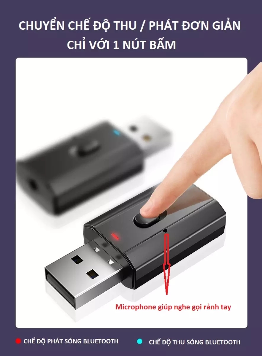 Thiết bị thu phát âm thanh Usb bluetooth 5.0 đa chức năng jack cắm 3.5mm cho loa, Tivi, máy tính, laptop, xe ô tô DRU - Hàng Chính Hãng