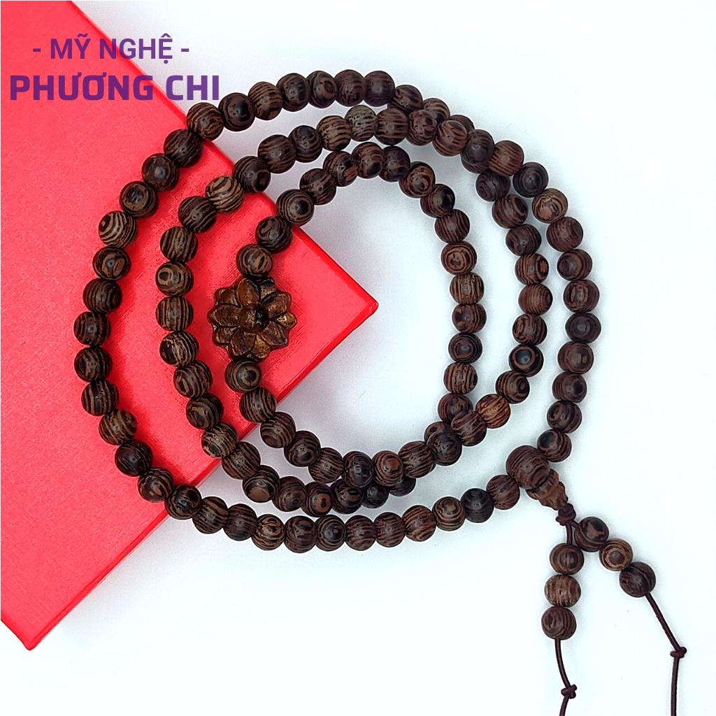 Vòng Tay 6ly Chuỗi Tràng 108 Hạt Gỗ Vân Mun Đuôi Công Mix Charm Hoa Sen | Mỹ Nghệ Phương Chi