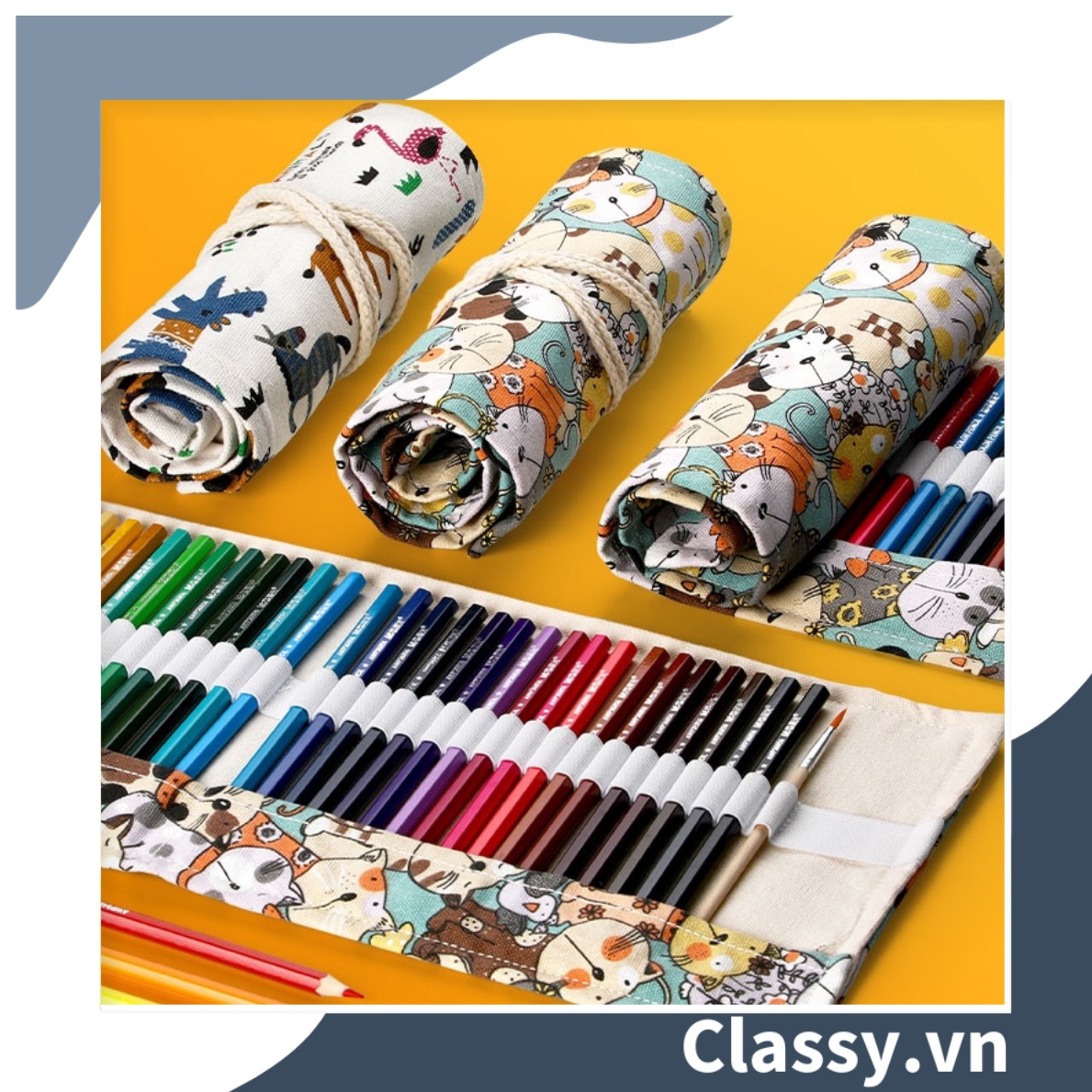 Túi đựng bút dạng cuộn vải cotton, phong cách vintage hình mèo PK617