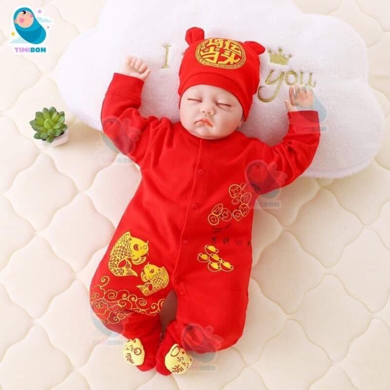 Body đỏ dài tay mặc tết kèm mũ cho bé trai và bé gái - chất nỉ bông cho bé sơ sinh - body thu đông - áo quần trẻ em