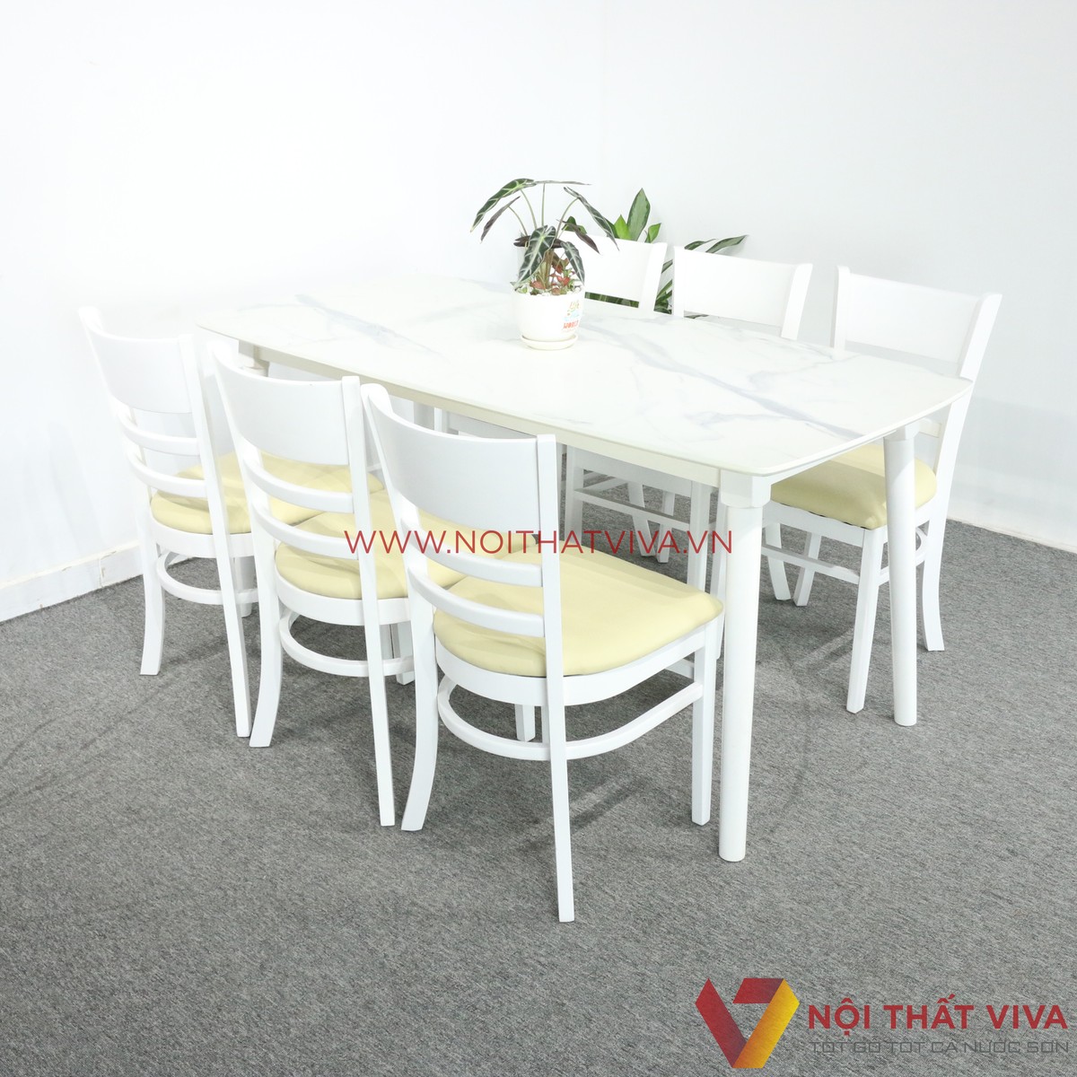 Bộ Bàn Ăn 6 Ghế Vân Đá Trắng Hiện Đại