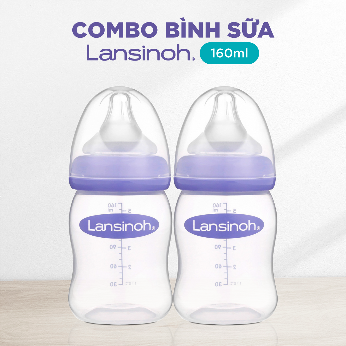 2 Bình Sữa Cổ Rộng Lansinoh 160ml TẶNG 1 Núm Vú Cổ Rộng Lansinoh Size F