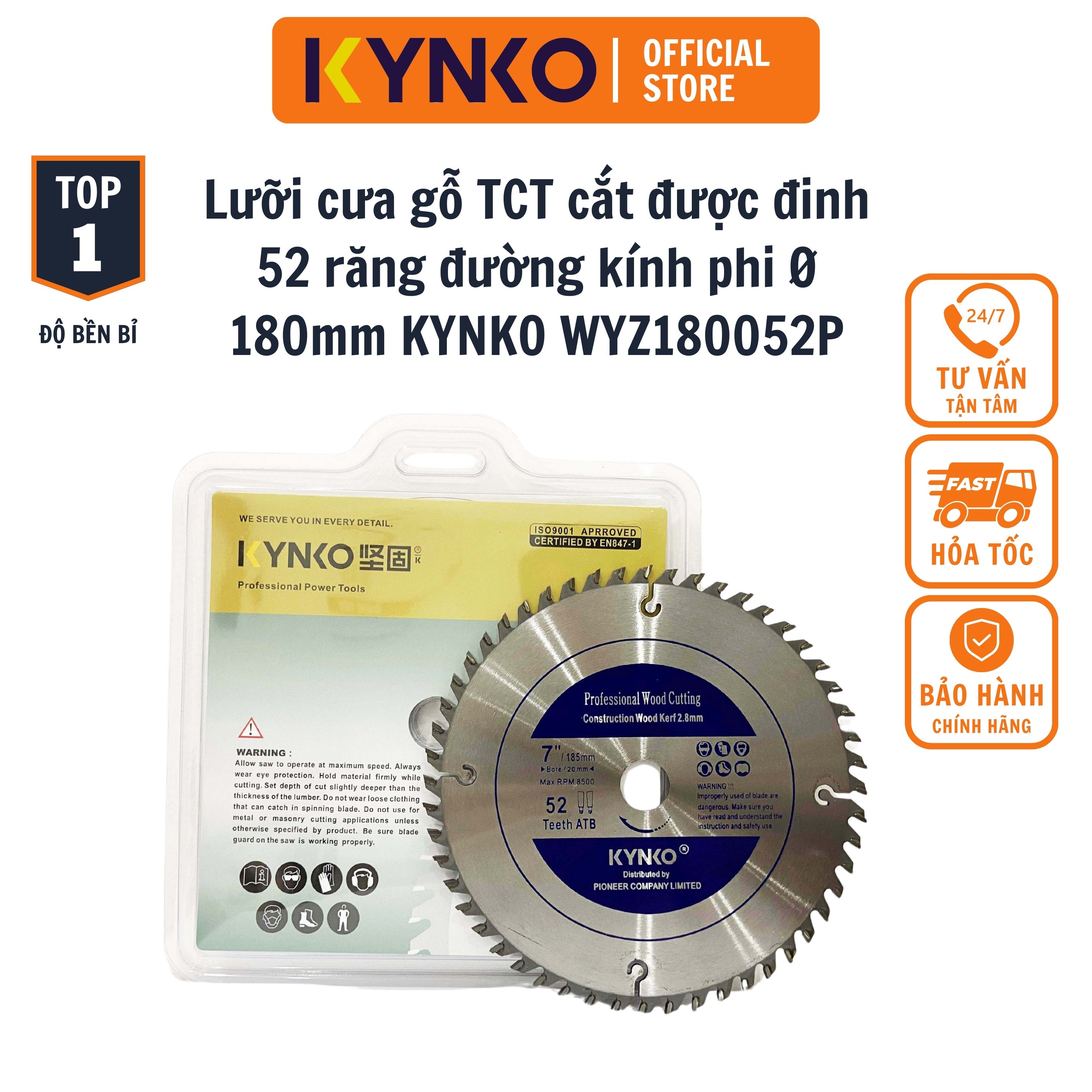LƯỠI CƯA GỖ TCT CẮT ĐƯỢC ĐINH 52 RĂNG đường kính phi Ø 180mm KYNKO WYZ180052P