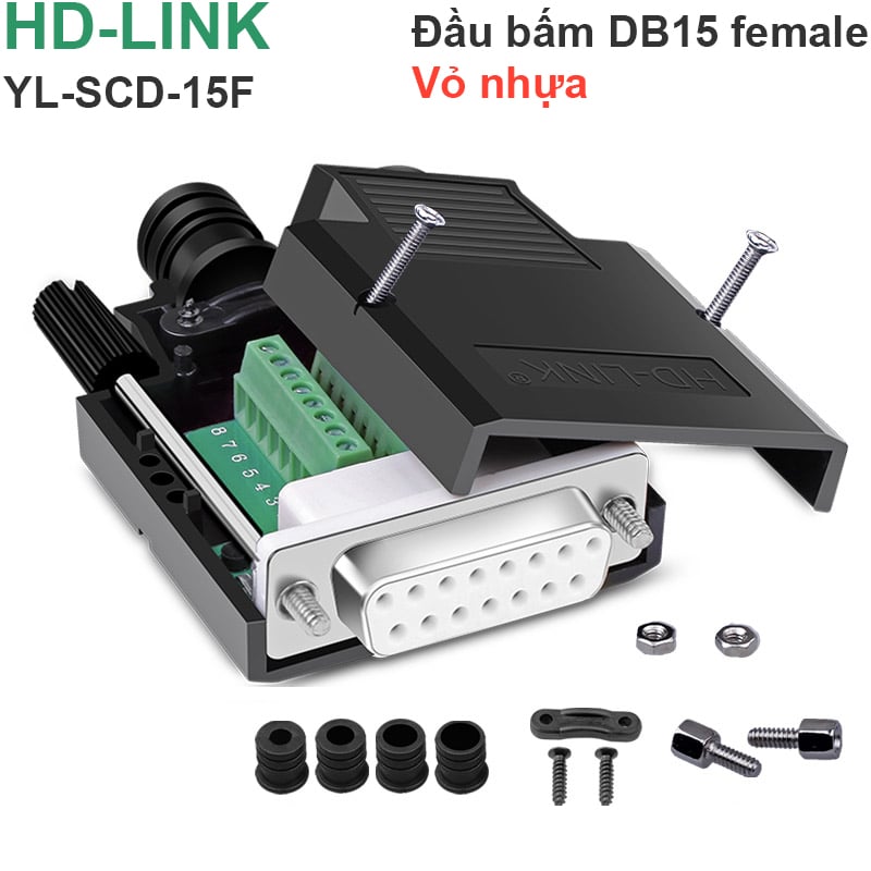 Đầu bấm cổng DB15 cái female bắt vít kèm vỏ ốp nhựa chân đồng HD-LINK YL-SCD-15F. HÀNG CHÍNH HÃNG
