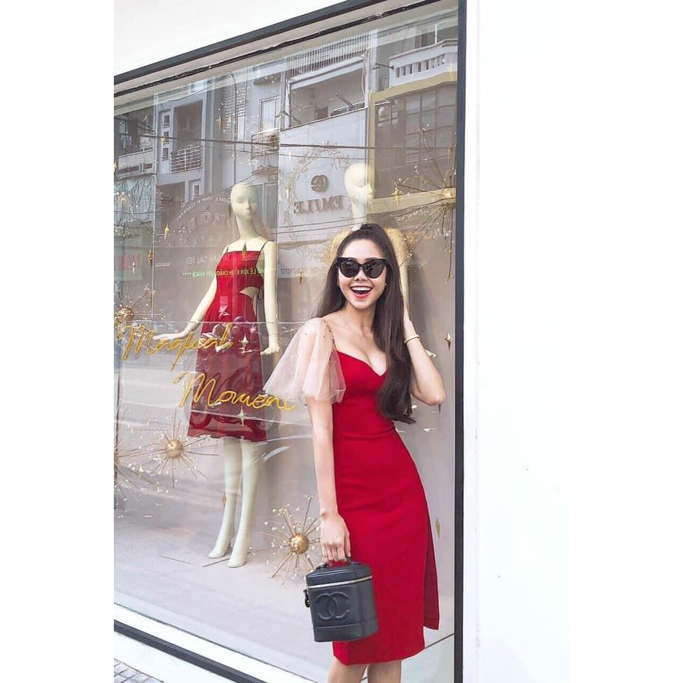 Đầm body phối vai lưới kết hạt