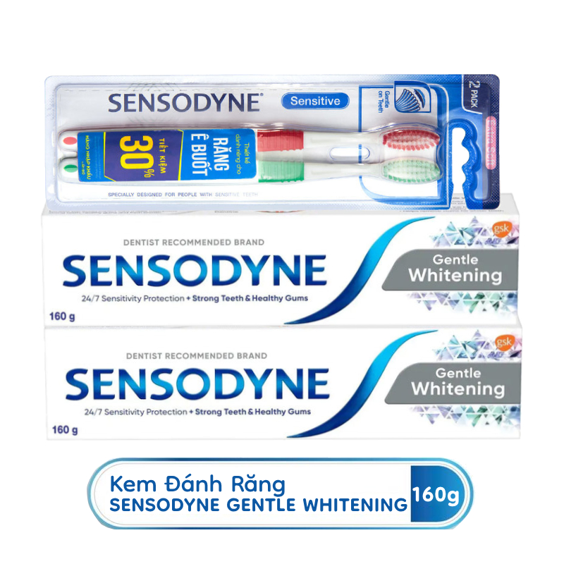 Bộ 2 Kem Đánh Răng Sensodyne Gentle Whitening 160g/tuýp + Vỉ 2 Bàn Chải Sensodyne Sensitive Extra Soft