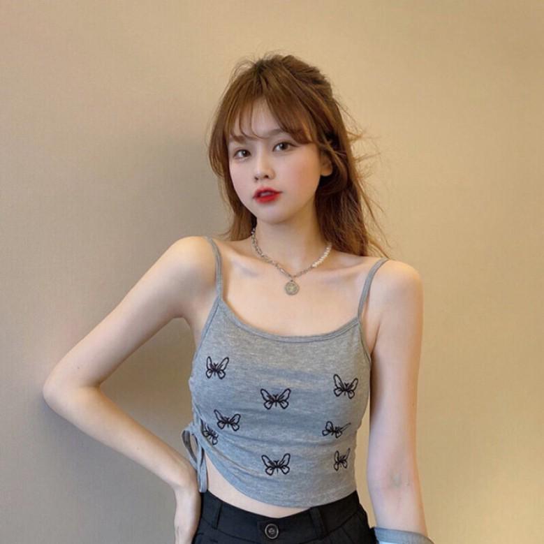 Áo bra 2 dây dáng croptop dây rút sườn hoạ tiết hình bướm có 3 màu đen, ghi, trắng coco land - chất bền