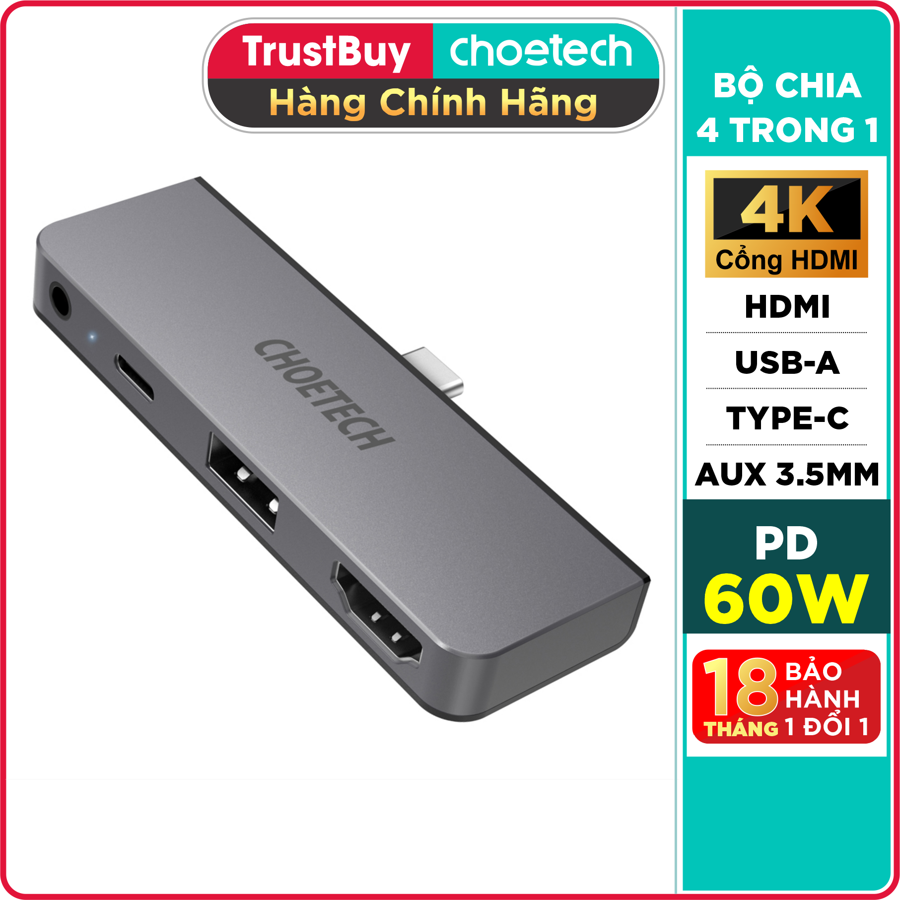 Hub Chuyển Đổi Type C to HDMI 4K 60Hz, Type C PD 60W, USB 2.0, AUX 3.5mm (4 In 1) CHOETECH HUB-M13 - Hàng Chính Hãng