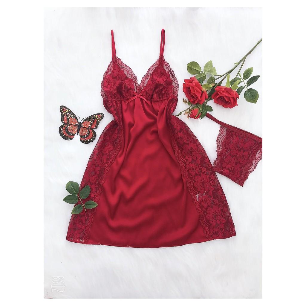 Đầm ngủ lụa mặc nhà sexy sang trọng tặng kèm quần chíp ren xinh xắn-Màu đỏ