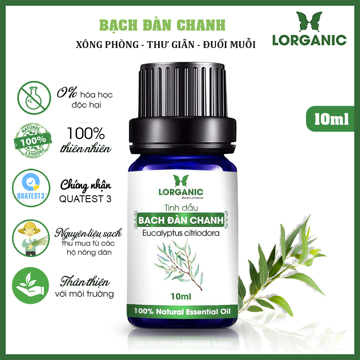 Combo 3 chai tinh dầu Lorganic pơ mu + bạch đàn chanh + sả chanh (10ml x3)/ Tinh dầu thiên nhiên nguyên chất.