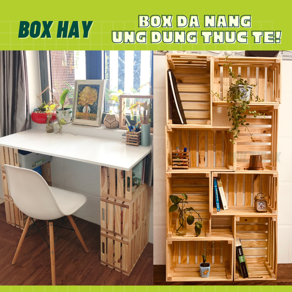 Thùng Gỗ Pallet, Thùng Gỗ Đa Năng Lắp Ráp, Hộp Khay Gỗ Pallet Decor Làm Đôn Chậu Gỗ, Bàn Trà, Thùng Đựng Đồ Chơi Size 40x22x16cm