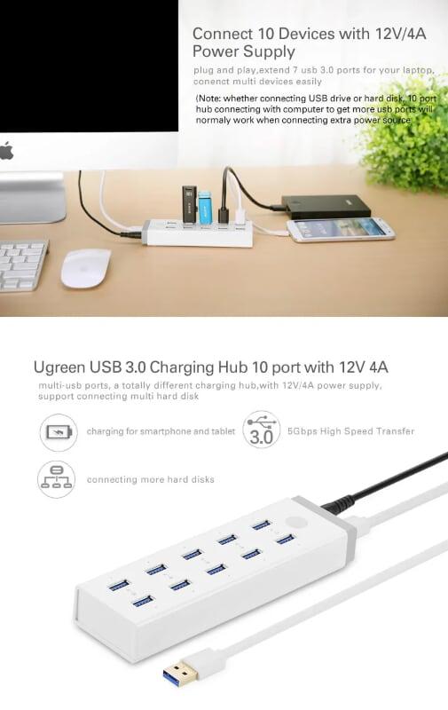 Ugreen UG20297CR117TK Màu Trắng Bộ chia HUB USB 3.0 sang 10 USB 3.0 hỗ trợ nguồn 12V - HÀNG CHÍNH HÃNG