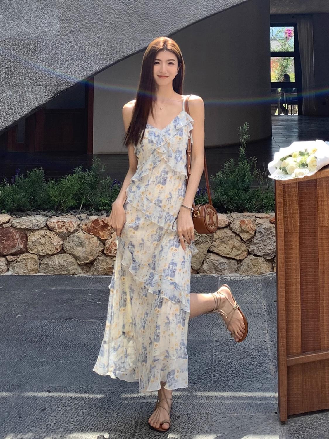 TOBE1SHOP Váy cưới lá sen, nữ tính, dịu dàng, in hoa, váy dài bãi biển.