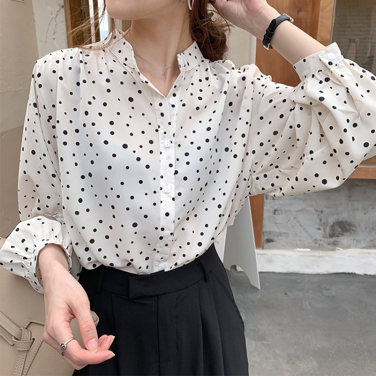 Áo Sơ Mi Nữ Lanh Chấm Bi Cổ Tàu Phong Cách Retro HongKong JD33