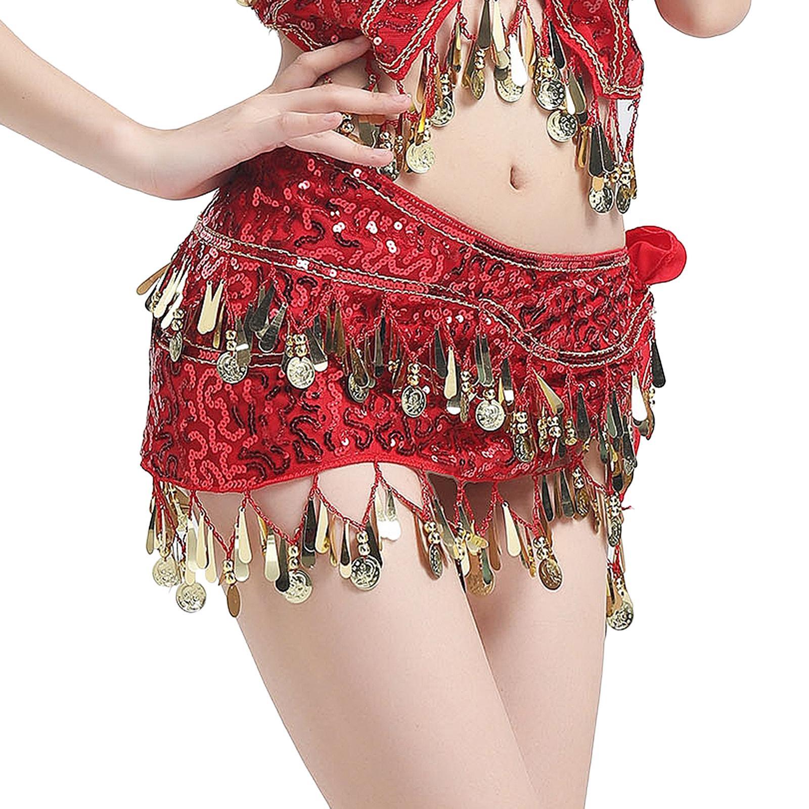 Belly Dance Hip Scarf Sequin Dance Belt Tassel Coins Skirt Belt Red