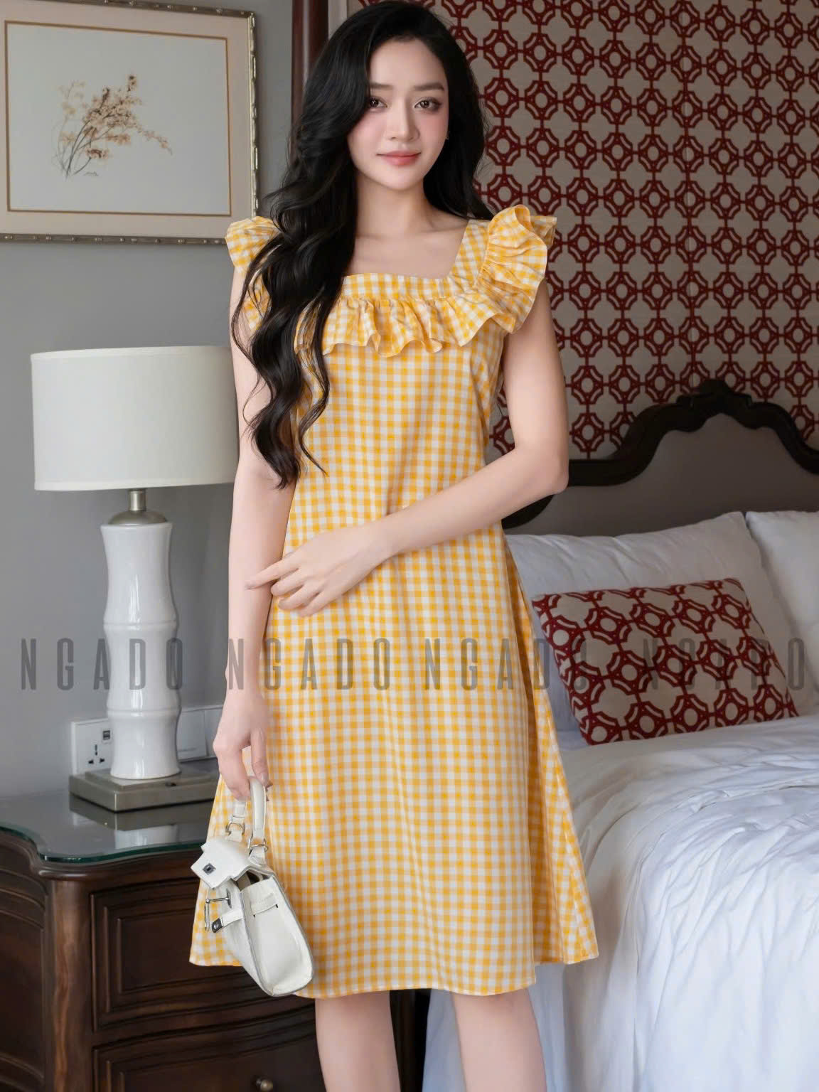 Đầm caro vàng phối cổ nhún NGADO , đầm caro , đầm kẻ ,  đầm dạo phố