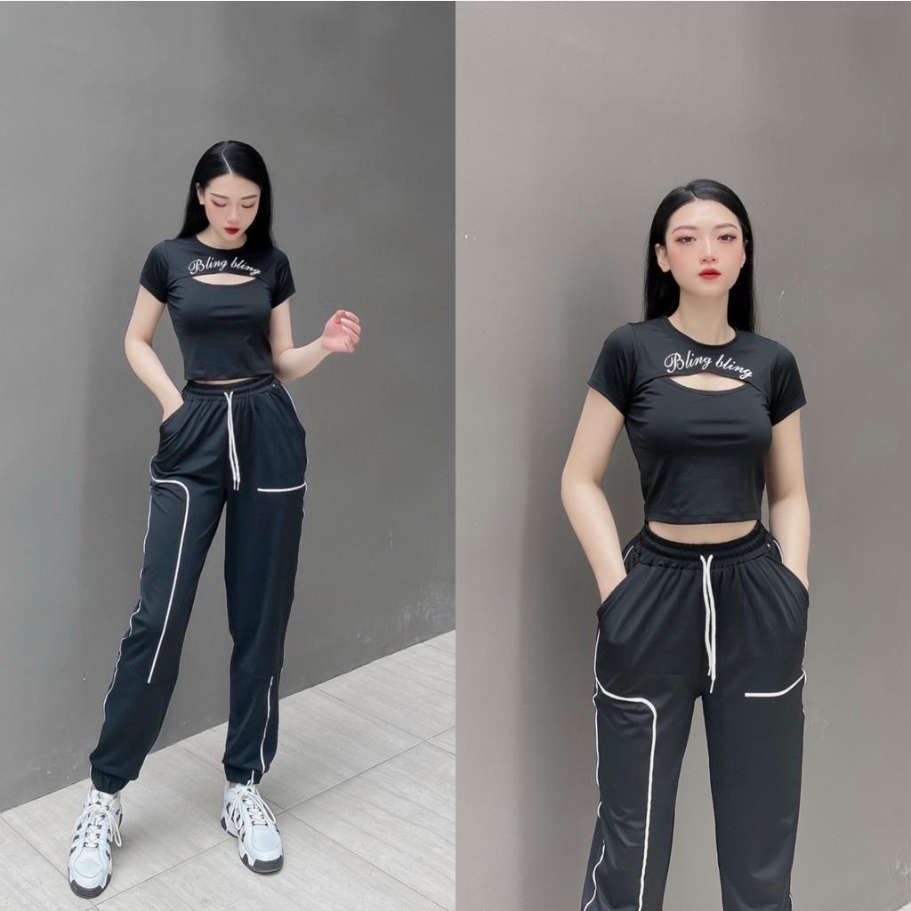 Set bộ thể thao nữ tập gym, yoga, aerobic, dance, chạy bộ gồm quần jogger dáng rộng và croptop cá tính