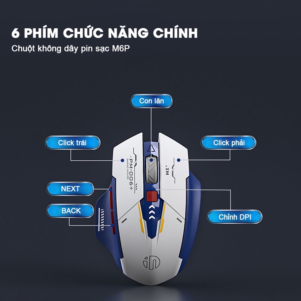 ￼Chuột máy tính không dây gaming TEKKIN F9 GUNDAM pin sạc 6 nút công thái học silent tắt tiếng chống ồn wireless - hàng chính hãng