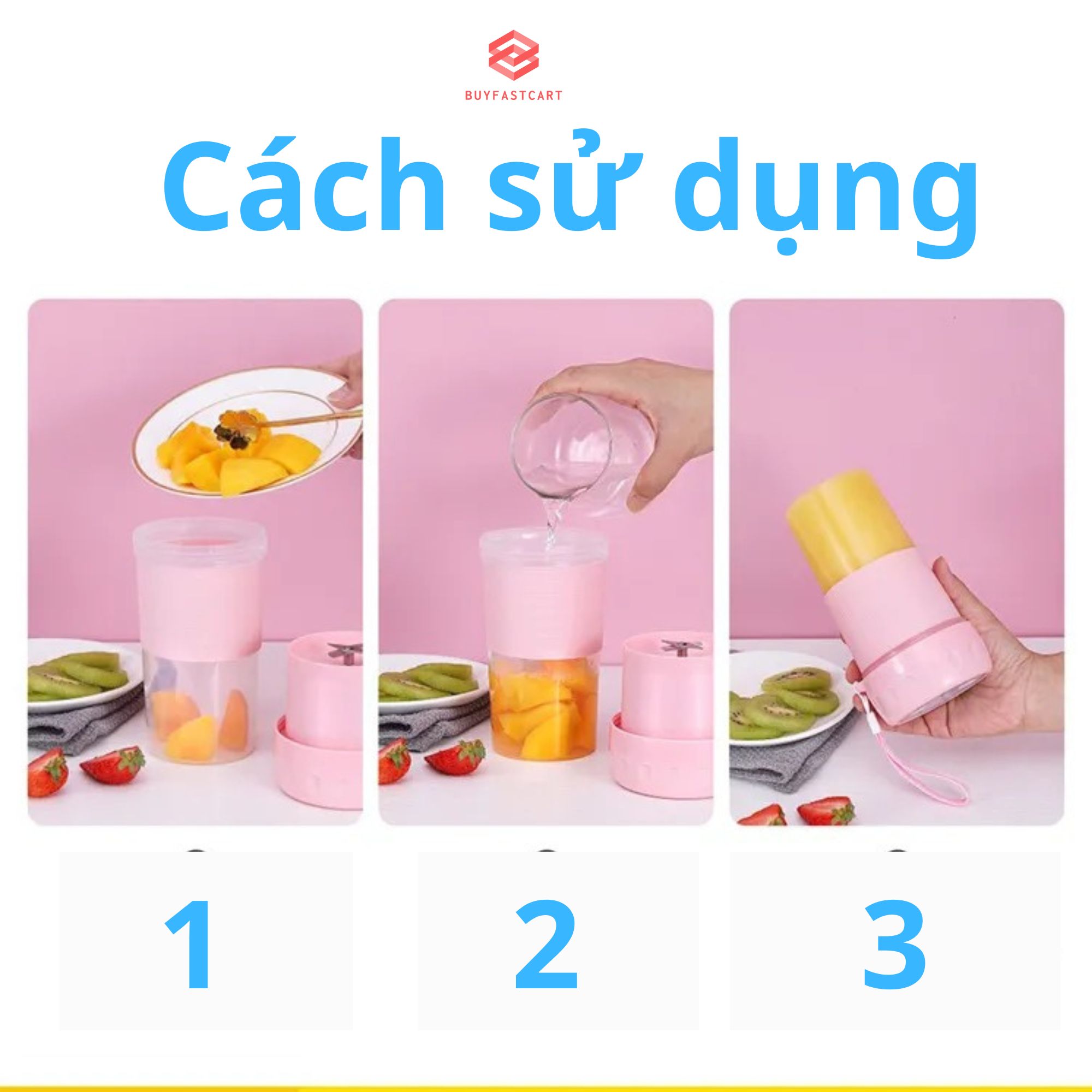 Máy xay sinh tố cầm tay không dây Buyfastcart K1 dung tích 300ml 4 lưỡi say trái cây đa năng sạc usb siêu nhanh - Hàng chính hãng