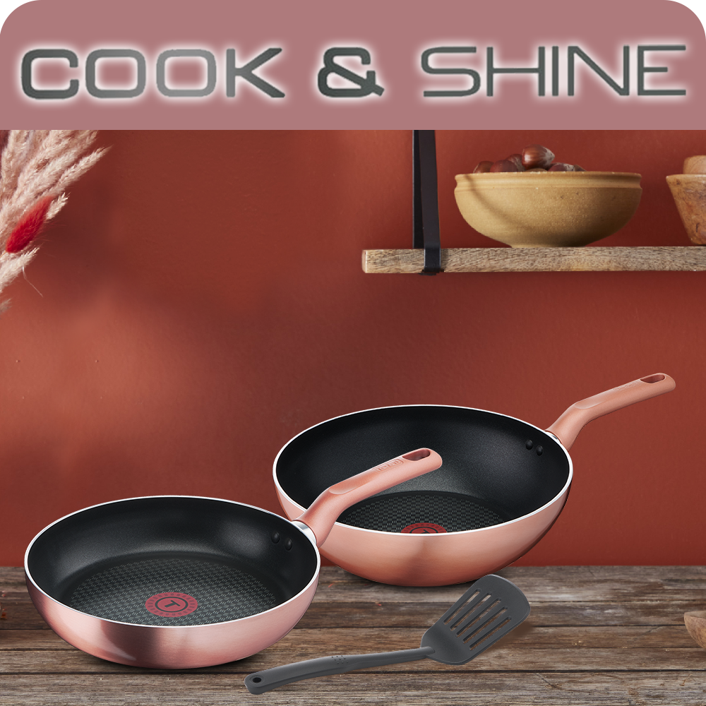 Bộ chảo Tefal Cook&amp;Shine gồm 3 món Chảo chiên 24cm, Chảo xào 28cm và Vá - Chống dính - Báo nhiệt thông minh - Thích hợp mọi loại bếp - Hàng chính hãng