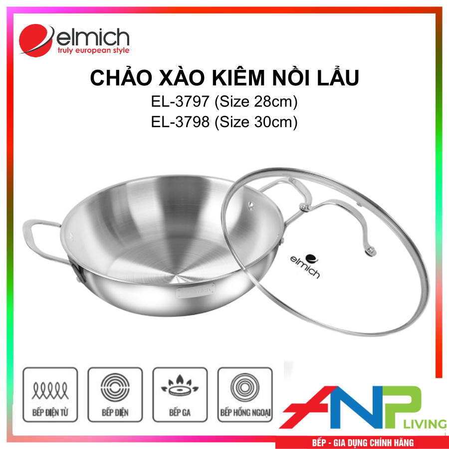 Chảo Xào Kiêm Nồi Lẩu inox cao cấp 3 lớp đáy liền ELMICH TRI-MAX - Hàng Chính Hãng