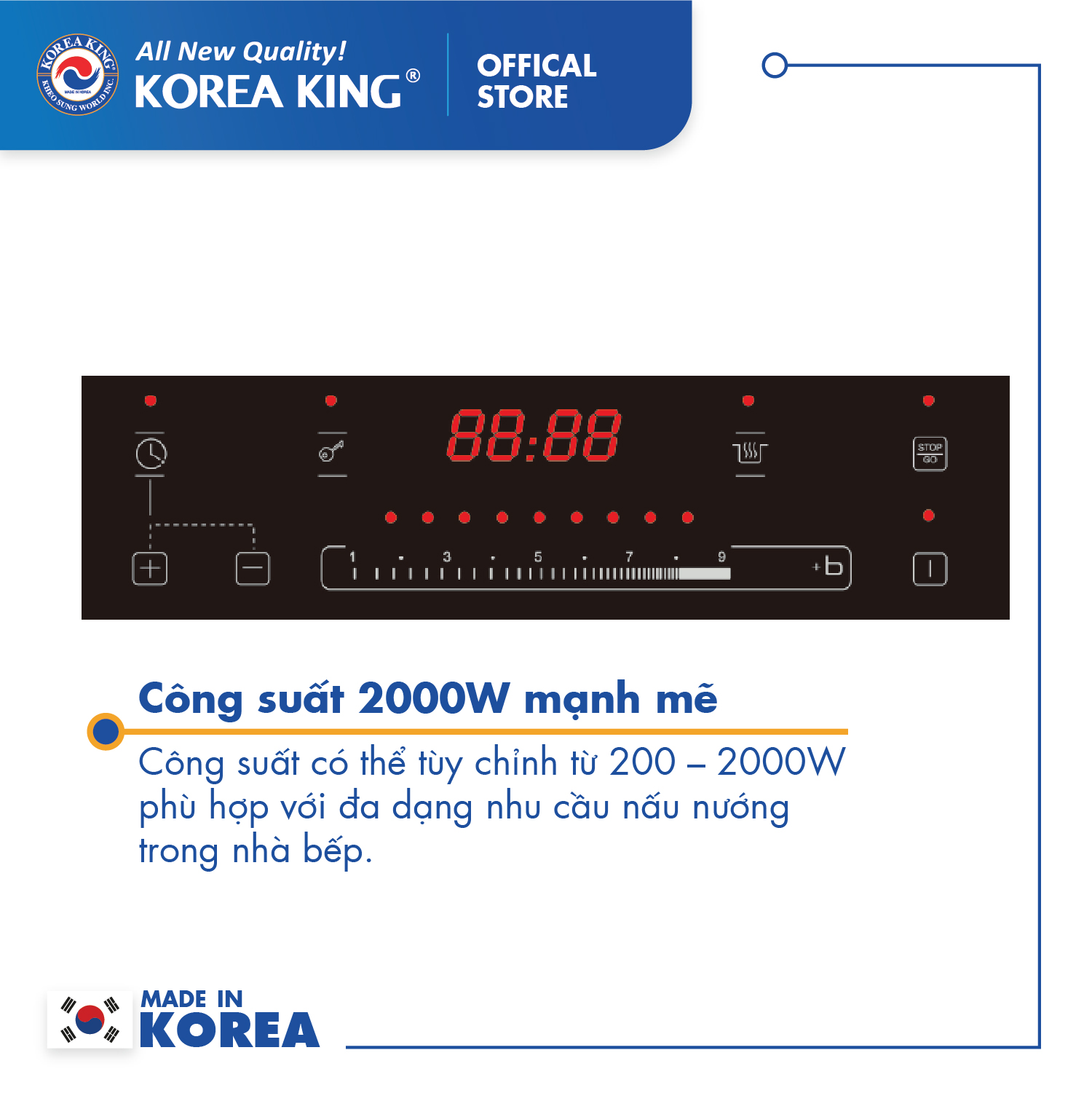 Bếp điện từ Korea King PIND-T39B (bếp đơn, mặt kính cường lực, công suất 2000W ) - Hàng chính hãng