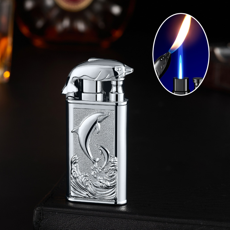 Bật lửa hột quẹt 2 chế độ lửa hình cá heo kim loại - xài gas