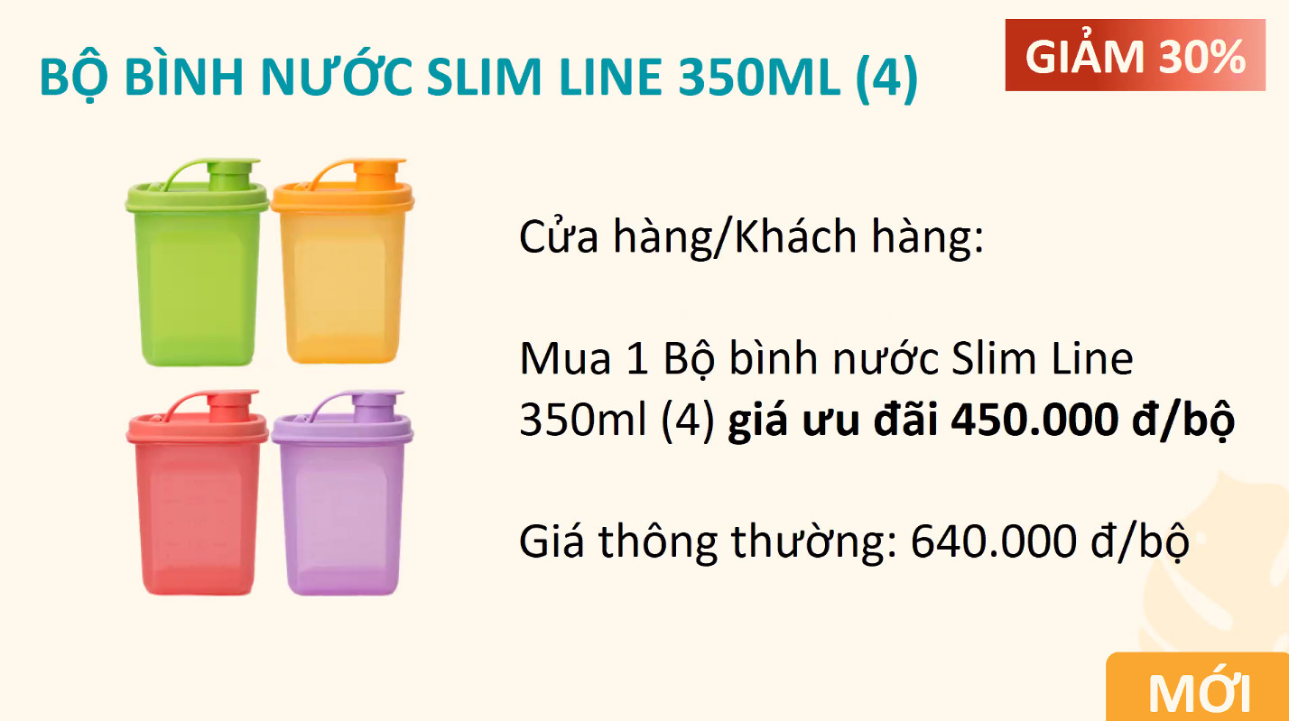 Bộ Bình Nước Tupperware Slim Line Pitcher 350ml (4 Bình) - Hàng Chính Hãng