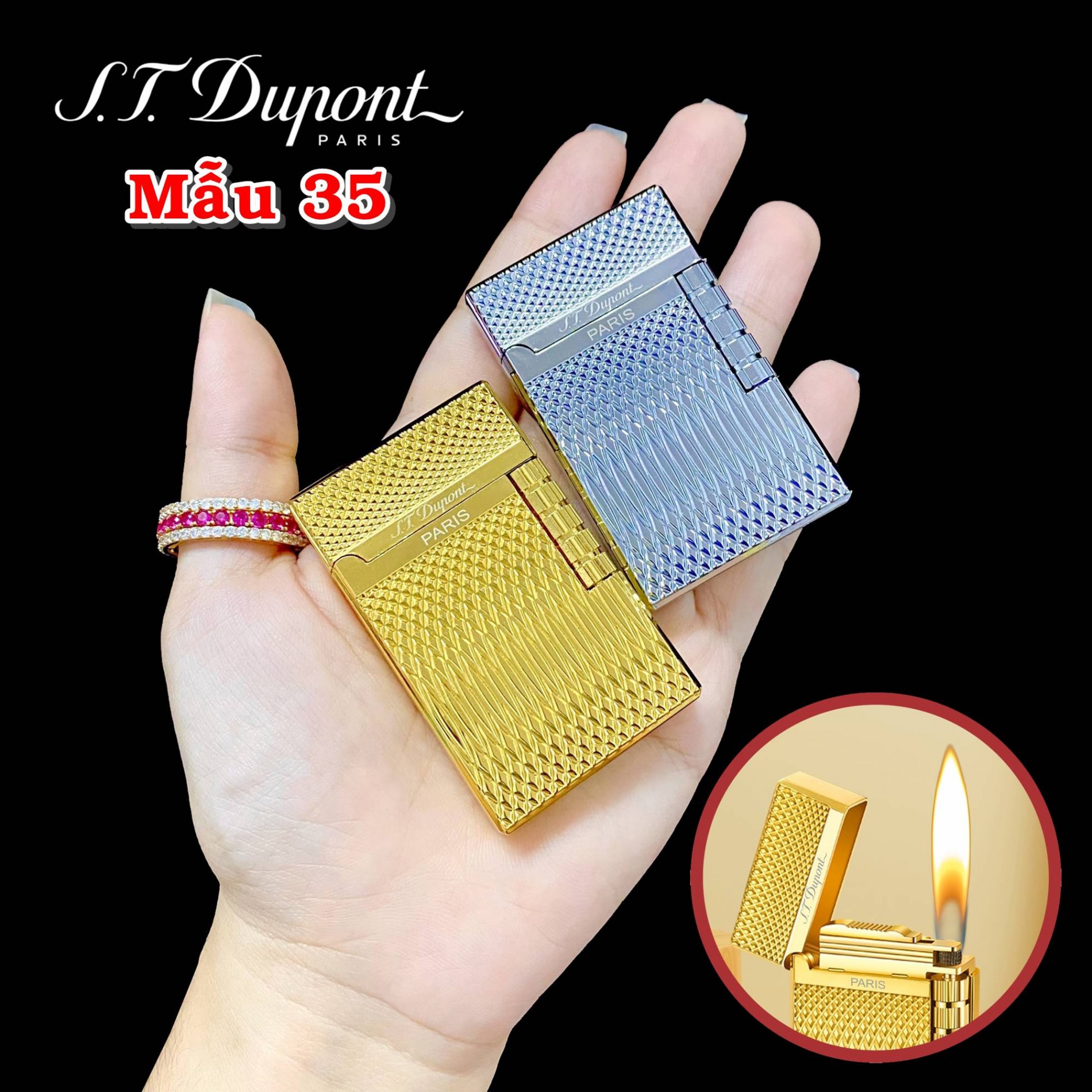 Hột quẹt bật lửa Dupont vân kim cương 1 sọc ngang M35 (S.T. DUPONT) - xài gas