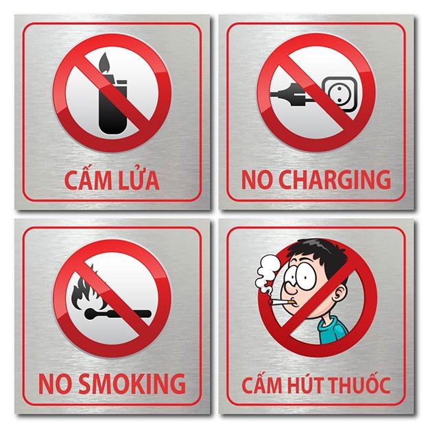 Bảng cấm hút thuốc, khu vực hút thuốc, no smoking, khu vực có cắm sạc điện thoại, bảng cấm lửa nhiều mẫu in UV trực tiếp