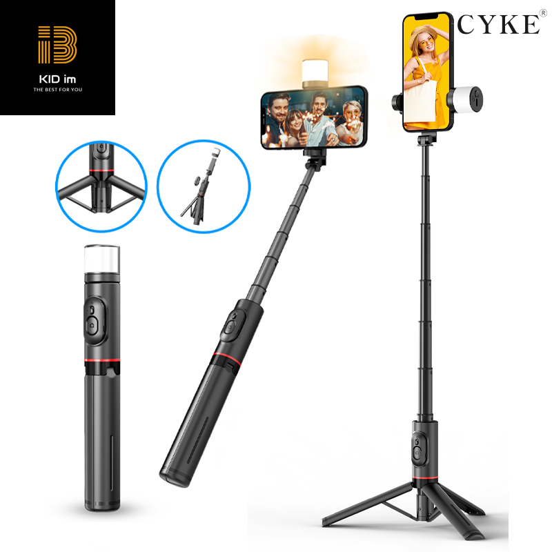 Gậy chụp hình Selfie Tripod CYKE kéo dài 76.5cm xoay 360 độ tích hợp điều khiển không dây bluetooth kèm đèn Led xoay 360 độ-Hàng chính hãng