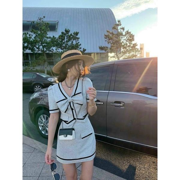 SET ÁO CROPTOP XÁM VIỀN NƠ NGỰC + CHÂN VÁY VIỀN