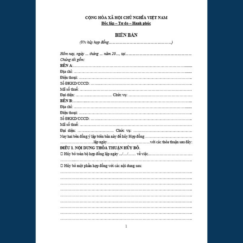 Mẫu biên bản hủy hợp đồng đúng quy định pháp luật + bản hướng dẫn chi tiết của Luật sư