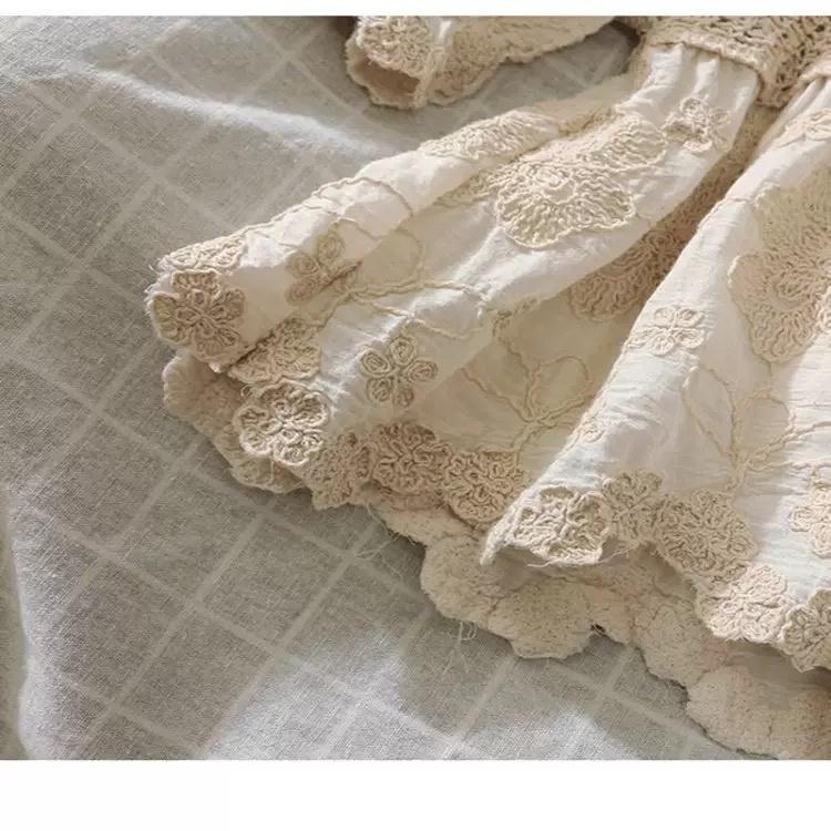 MS597 Áo kiểu babydoll đan móc vải thô thêu hoa tay bồng