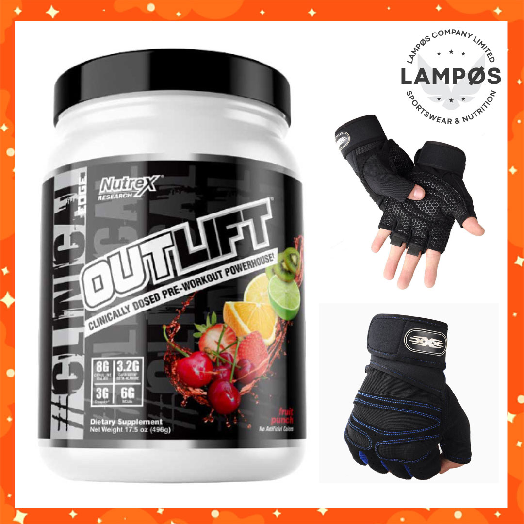 Combo Outlift Pre-Workout của Nutrex (Vị Fruit Punch) - Tăng Sức Mạnh, Hỗ Trợ Tập Luyện Bền Bỉ, 20 Lần Dùng - Kèm Găng Tay (Màu ngẫu nhiên)