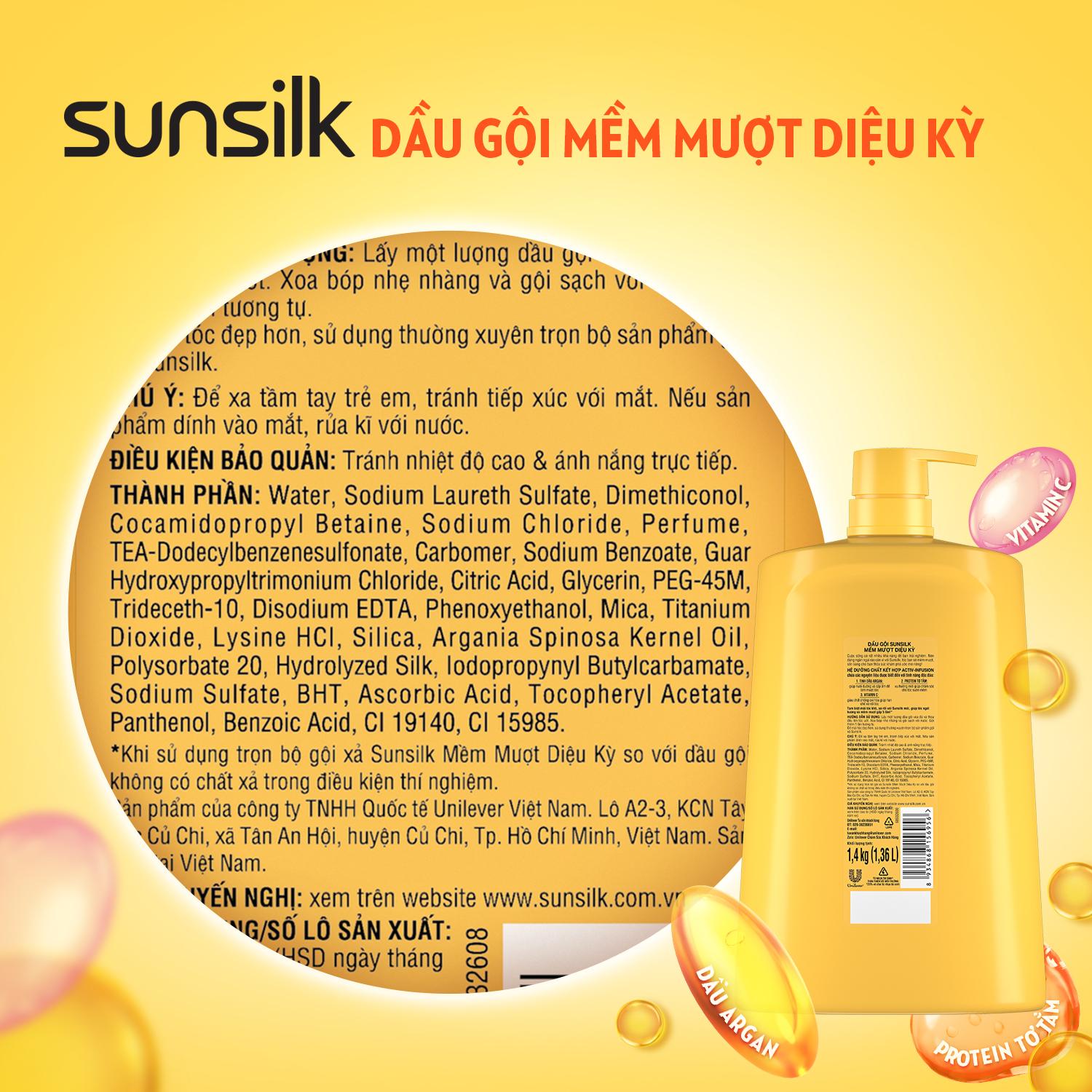 Dầu gội Sunsilk Mềm Mượt Diệu Kỳ 1.4kg giúp tóc ngát hương mềm mượt gấp 5 lần với dầu Argan, Protein Tơ Tằm và Vitamin C