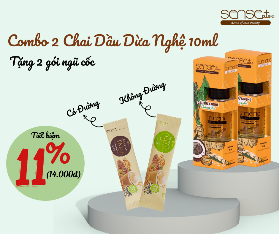 COMBO 2 CHAI DẦU DỪA NGHỆ TURMERIC SENSE PLUS + TẶNG 2 GÓI BỘT NGŨ CỐC