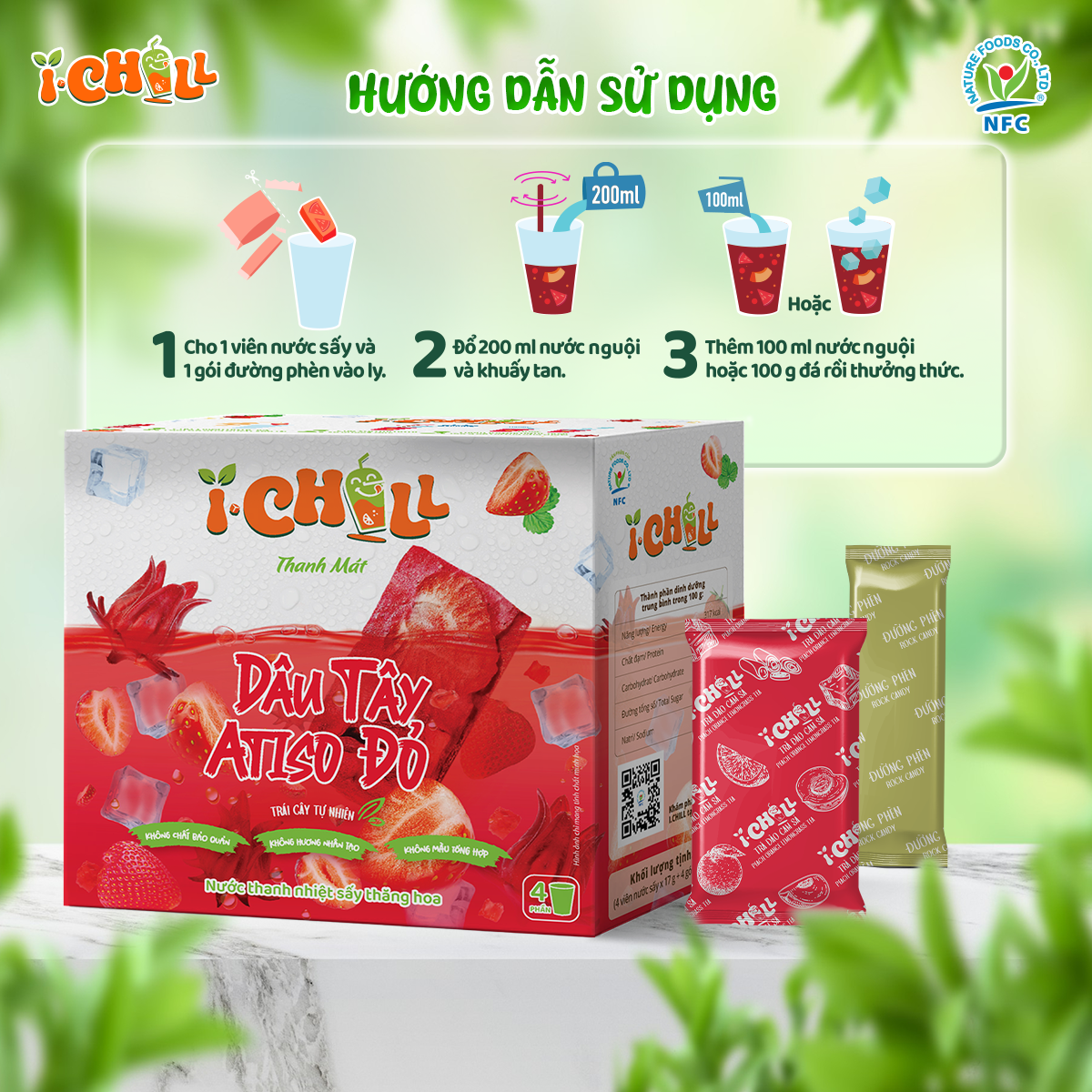 iChill Dâu Tây Atiso Đỏ Nước Thanh Nhiệt Sấy Thăng Hoa Từ Trái Cây Tự Nhiên 4 Gói X Hộp, Không Chất Bảo Quản, ISO 22000, HACCP, BRC