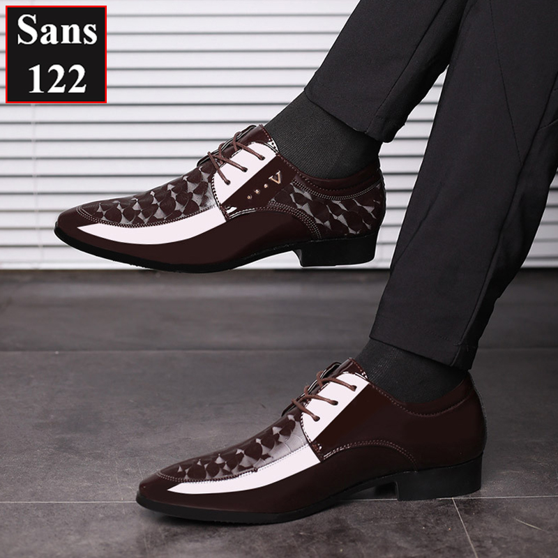 Giày tây nam big size Sans122 giầy da công sở cao cấp buộc dây da bóng 44 45 46 47 48 đen nâu đẹp mũi nhọn hàn quốc