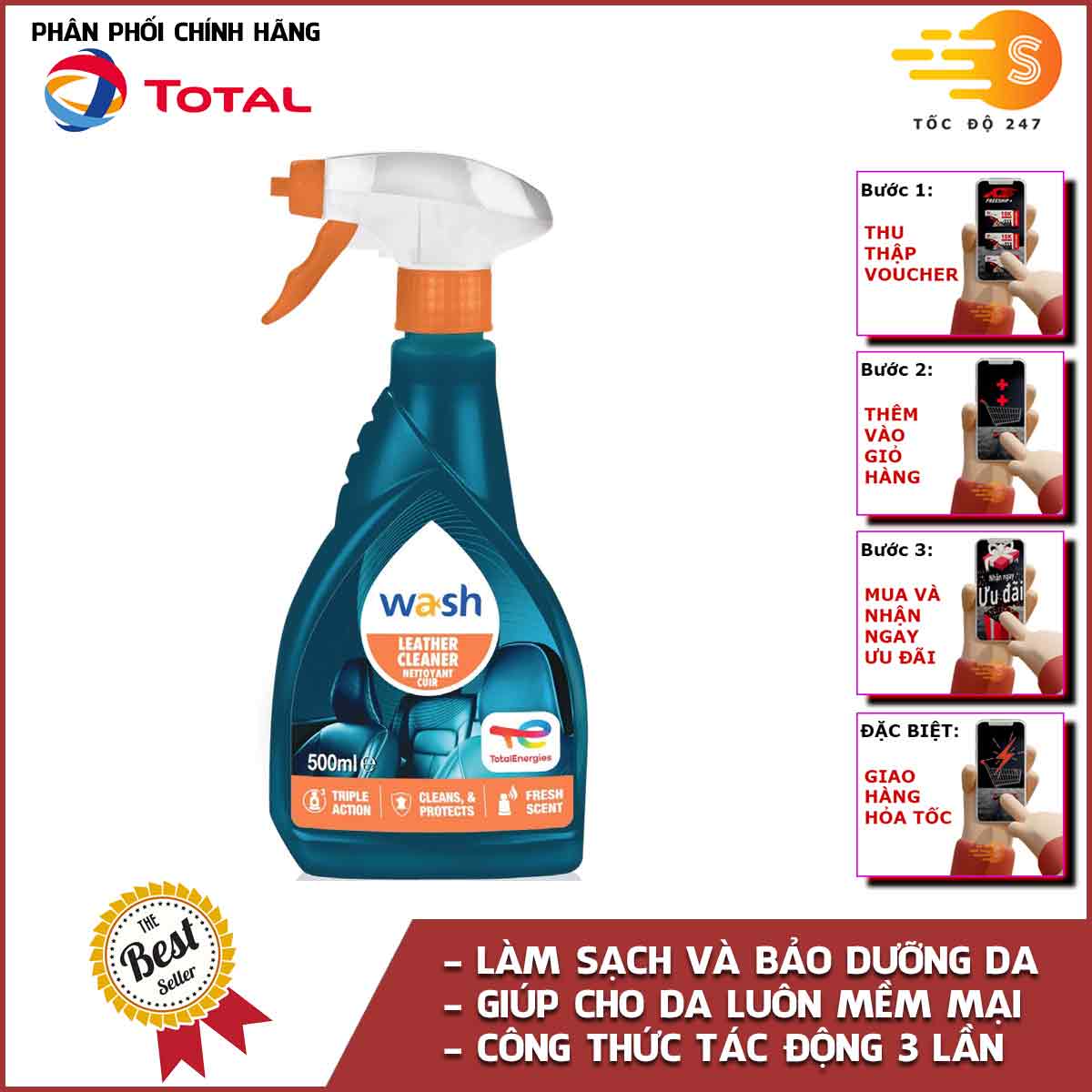 Dung dịch vệ sinh và bảo dưỡng ghế da ô tô Total Energies TE-LC500 500ml - làm mềm mịn da, phục hồi da, chống lão hóa da