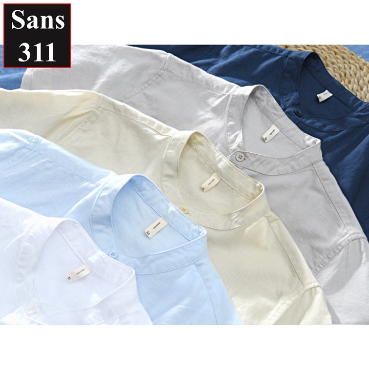 Áo sơ mi nam ngắn tay Sans311 chất linen đũi trơn nhẹ thoáng mát đẹp cổ tàu trụ trắng xanh dương xám nhạt than be